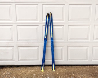 Antique Blue & Yellow Painted Wooden Skis Rustic Cabin Decor 52 inch