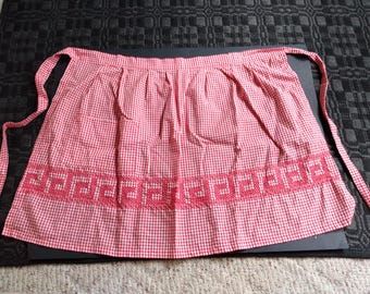 Lot of 4 Handmade Half Apron, Turquoise & Red Gingham Check Tie Back Waist Aprons