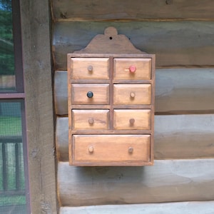 Vintage 7 Drawer Wooden Spice Box Wall Cabinet Distressed Wood Country Farmhouse Primitive Kitchen Hanging Apothecary Cupboard Cubby Storage