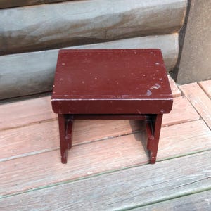 Vintage Burgundy Rustic Painted Wood Foot Stool Antique Primitive Wooden Distressed Farmhouse Country Cottage Old Footstool Step Bench