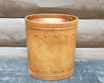 Vintage Leather Waste Paper Basket, Small Oval Copper Lined Office Accessory