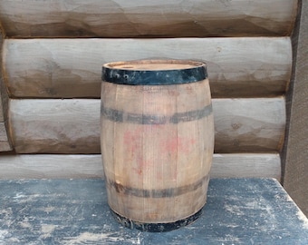 Antique Wooden Staved Barrel, Rustic Metal Banded Wooden Keg 16 x 12