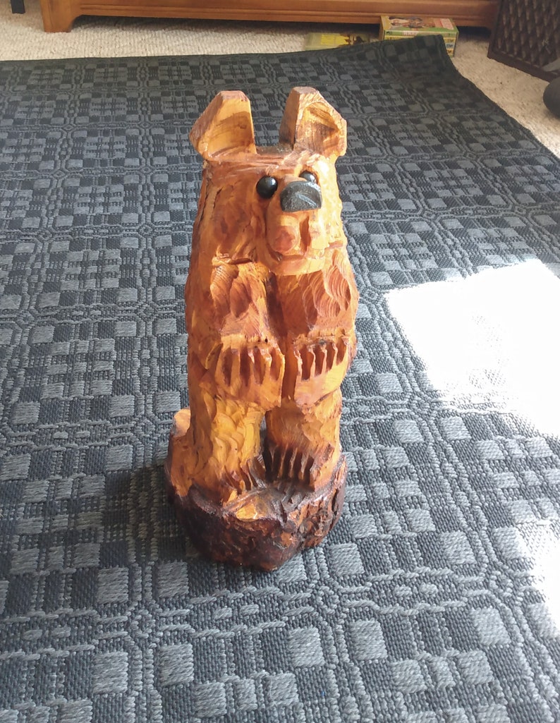 Standing Bear Wood Carving 16 inch Vintage Rustic Pine Handmade Chainsaw Carved Wooden Log Sculpture Lake Cabin Ski Lodge Decor Porch Accent image 9