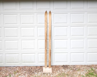 Antique Carved Hickory Wood Skis, Rustic Primitive Wooden Wall Decor