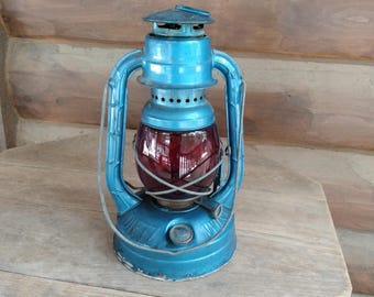 Vintage Blue Dietz Little Wizard Lantern, Kerosene Oil Lamp with Red Glass Globe