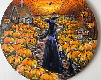 A Halloween Original Painting on canvas Witch Pumpkins Black cat Wicca Fall