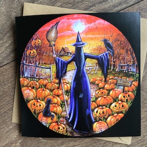 Halloween, bruxa, abóboras, cartão de felicitações em branco para qualquer ocasião