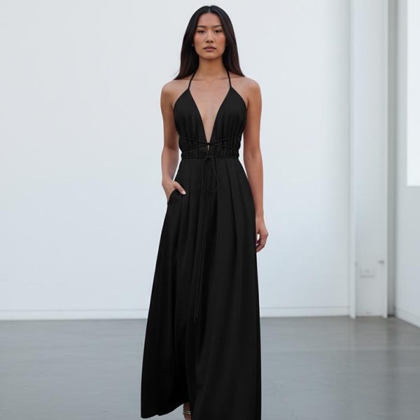 Black maxi viscose dress deep V neck backless made in the UK
