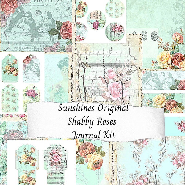 Junk Journal Kit, Shabby Roses Paper, Digital Download