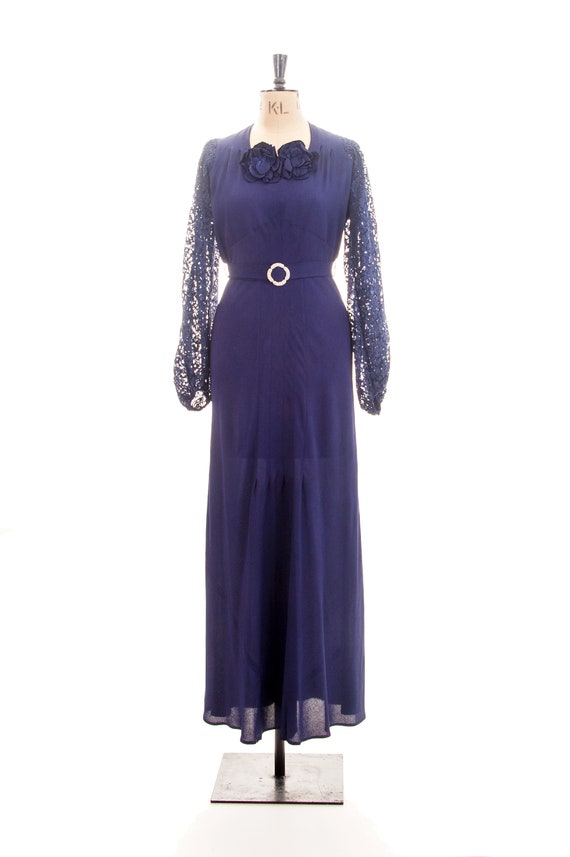 Amazing 1920s 1930s navy dress in crepe and lace j