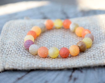 Sunset Hues Bracelet - Frosted Agate and Amethyst Vegan Velvet Tassel Stretch Bracelet - Vegan Jewelry - Handmade by Sunkissed Earth