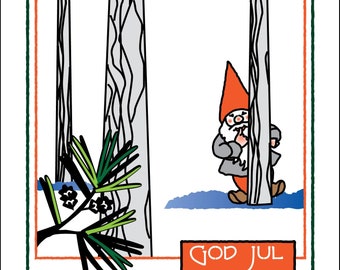 May include: A Christmas card featuring a cartoon gnome peeking out from behind a tree in a snowy forest. The card has a blue sky with stars and a full moon. The text "God Jul" is printed in red on a white rectangle at the bottom of the card.