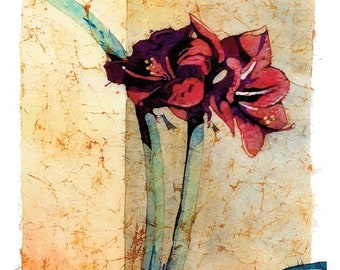 May include: A watercolor painting of two red amaryllis flowers with green stems on a textured, light brown background.