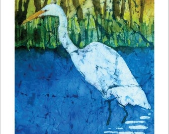 Egret Watercolor Batik Greeting Card: for friendship, encouragement, all-occasion
