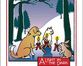 May include: A Christmas card illustration with a dog, cat, and rabbit gathered around lit candles in a snowy forest. The text "A Light in the Dark" is at the bottom of the card.
