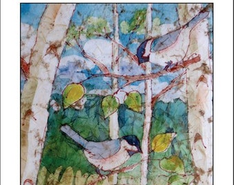 Birch Wood Chickadees Watercolor Batik Greeting Card: for friendship, encouragement, all-occasion