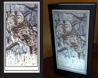 May include: A watercolor painting of a barred owl perched on a branch in a snowy forest. The owl has its eyes closed and its feathers are a mix of brown, white, and gray.