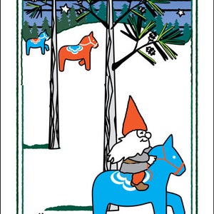 May include: A blue and white wooden horse with a gnome riding on top. The gnome is wearing a red hat and a gray coat. The horse is in a snowy forest setting with two trees and a full moon in the background. The text "FRIENDSHIP" is on a red banner below the horse.