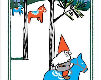May include: A blue and white wooden horse with a gnome riding on top. The gnome is wearing a red hat and a gray coat. The horse is in a snowy forest setting with two trees and a full moon in the background. The text "FRIENDSHIP" is on a red banner below the horse.