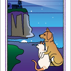 Perro y gato tarjeta de felicitación: Faro, para amistad, aliento, toda ocasión