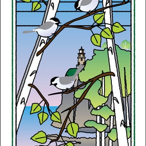 Tarjeta de felicitación del faro y del pájaro salvaje: Chickadees, para la amistad, el aliento, toda la ocasión
