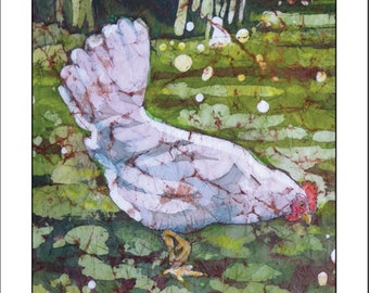 Chicken in the Garden Watercolor Batik Greeting Card: for friendship, encouragement, all-occasion