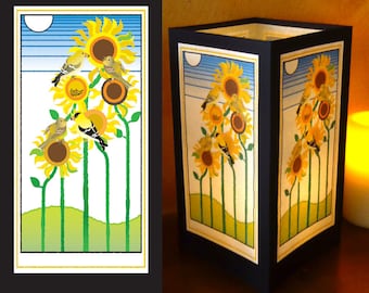 Paper Luminary, "Goldfinch and Sunflowers", Paper Lantern, Goldfinch Artwork, Sunflower Artwork