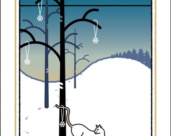 May include: A white cat with blue eyes sits in a snowy landscape with a bare tree decorated with snowflake ornaments. The word "JOY" is written in a gold box at the bottom of the image.