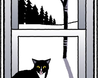May include: A black and white cat with yellow eyes sits on a windowsill looking out at a snowy landscape. A small blue bird sits on a branch of a tree in the distance.