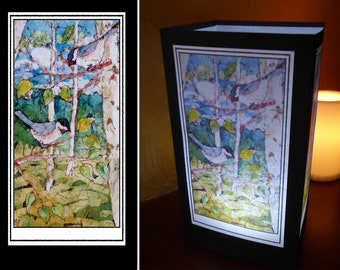 Paper Luminary, "Birch and Chickadee Watercolor Batik", Paper Lantern, Chickadee Artwork, Watercolor Batik Artwork