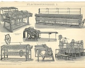 Original 1902 Antique lithography print - types of flax mill