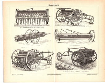 Original 1890 Antique lithography print Farming machinery manual land plough equipment tools tractor irrigation planting soil cultivation