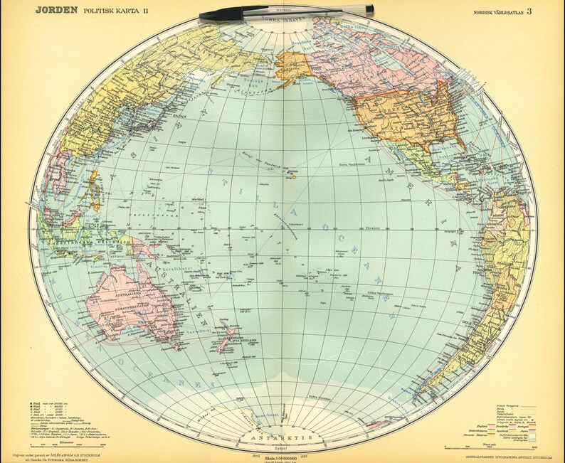 Political world map Swedish original lithography large ...