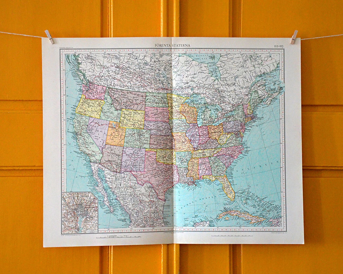 Large United States Of America Vintage Map Original Color Etsy