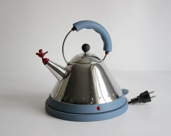 Alessi 9093 electric kettle by Michael Graves – stainless steel & blue, 1990s