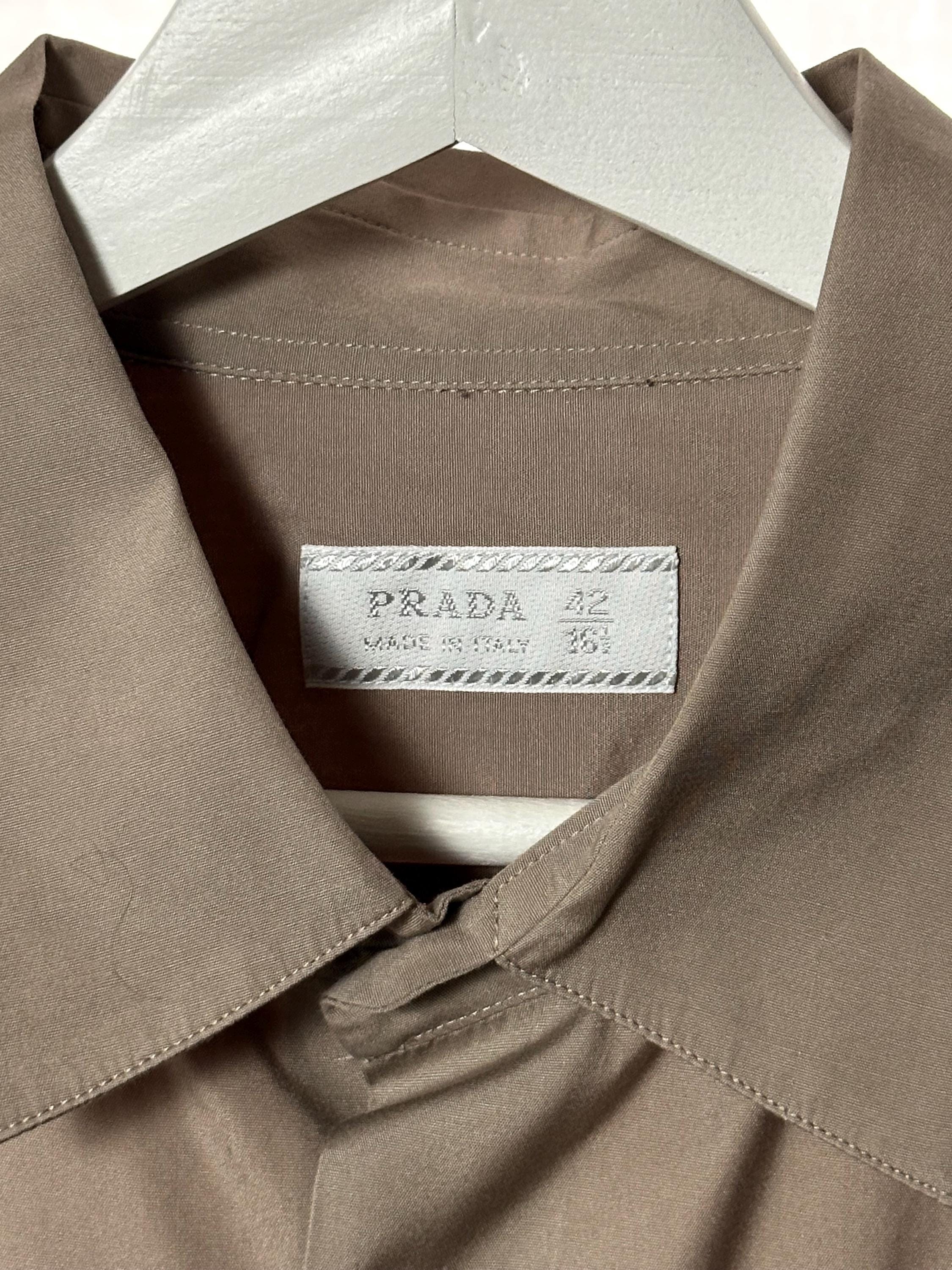 Vintage 00s Prada Men's Button-up Shirt in Taupe Cotton With Chest