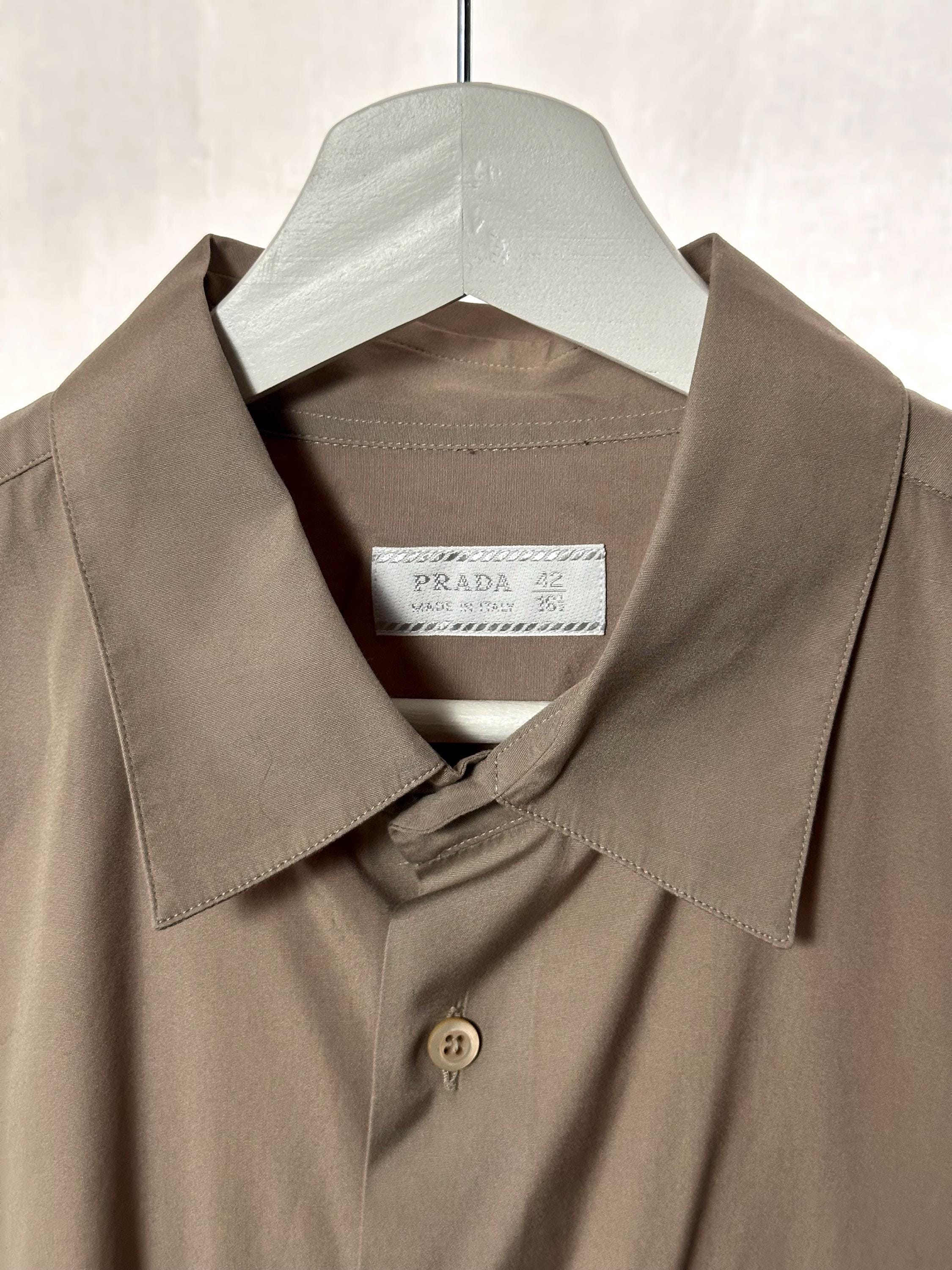 Vintage 00s Prada Men's Button-up Shirt in Taupe Cotton With Chest