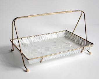 Austrian metal tray with handle – 1950s modernist design in perforated white enamel