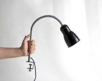 Industrial gooseneck black and silver vintage clamp lamp - Bauhaus design Mid century design