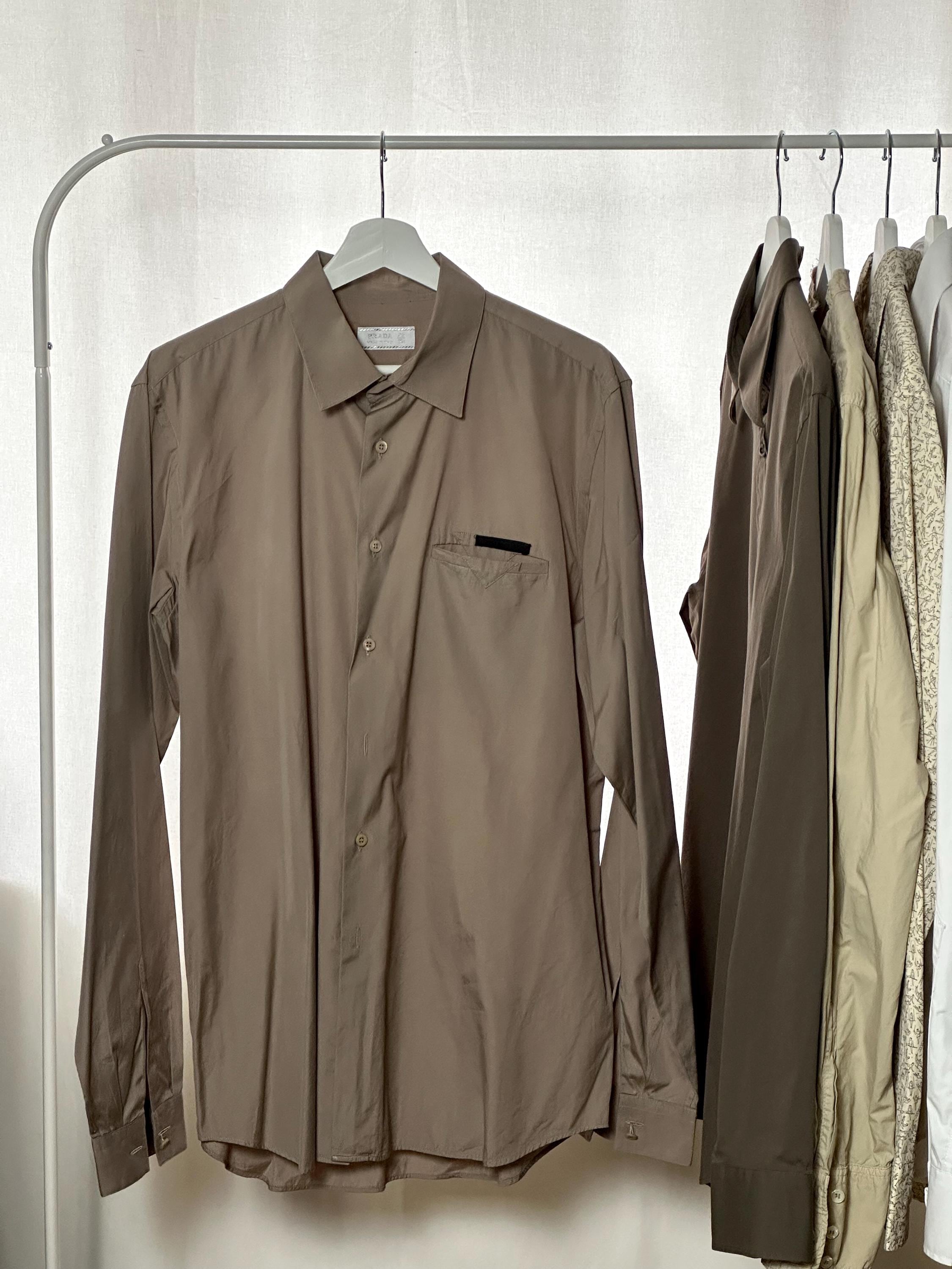 Vintage 00s Prada Men's Button-up Shirt in Taupe Cotton With Chest