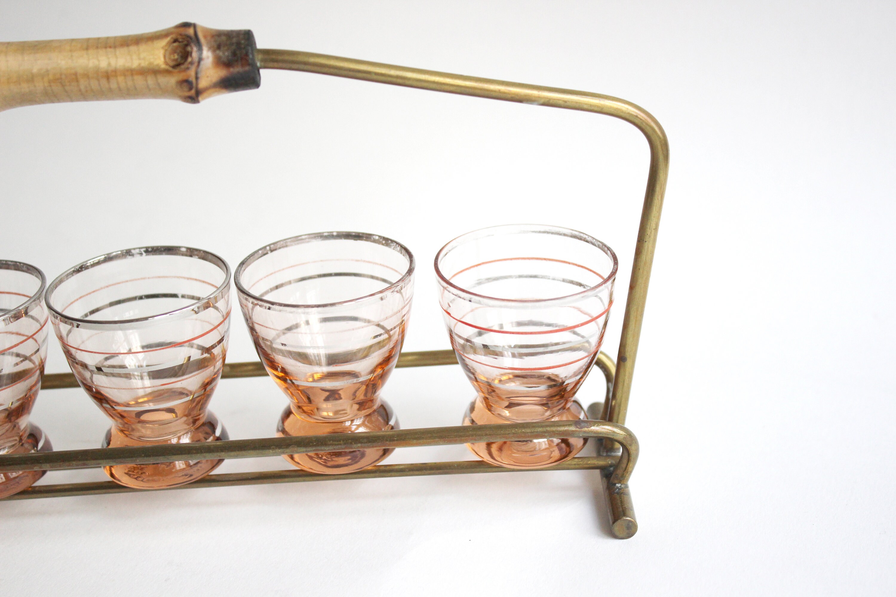 Shot Glass Set of 5 in Brass Holder With Bamboo Handle 1950s