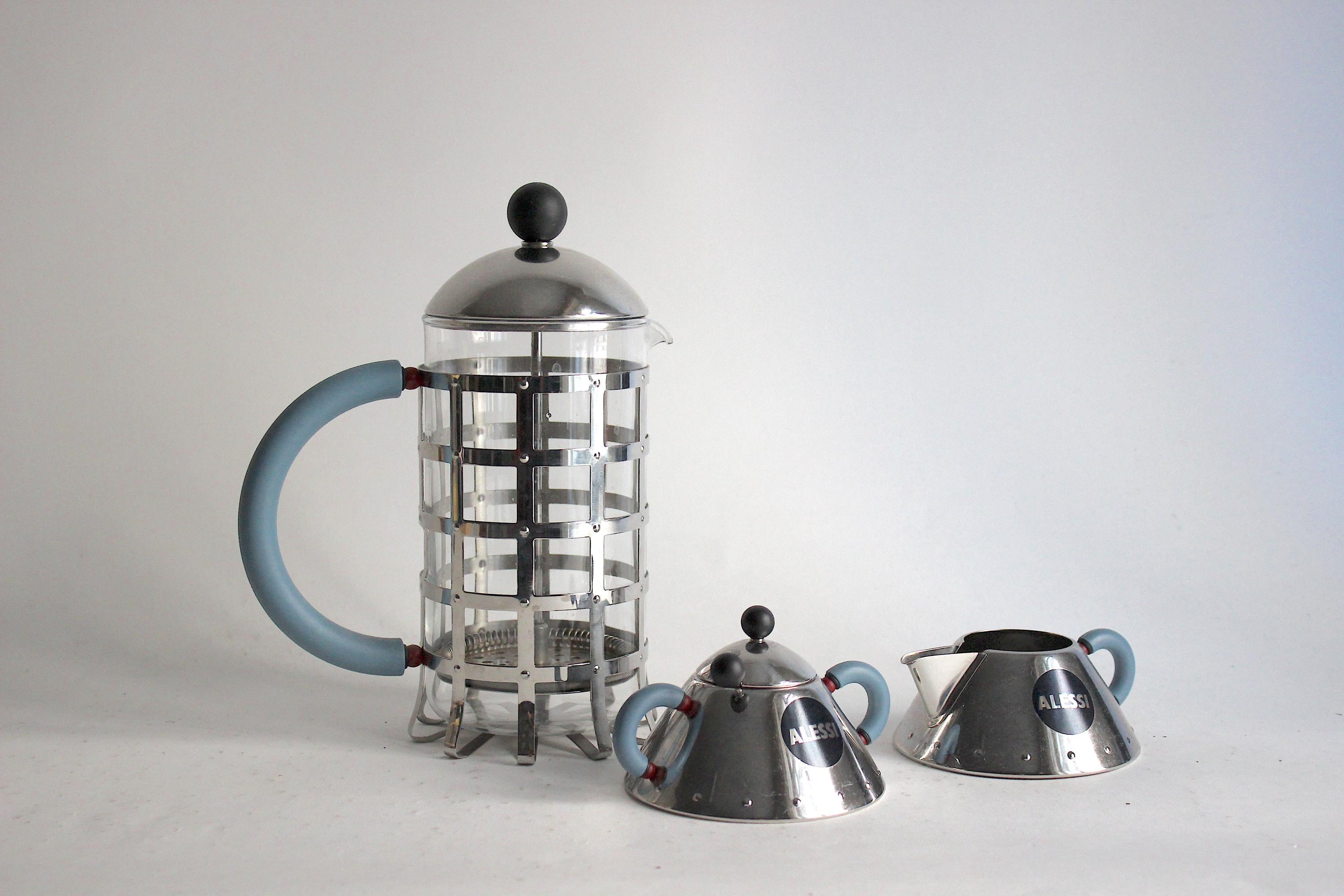 Vintage Alessi Blue Handles French Press Set. Michael Graves