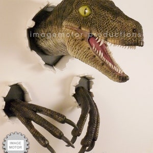 Wall bursting Velociraptor with claws prop replica set - New improved version!