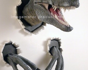 May include: A gray and blue dinosaur head with a large mouth and sharp teeth, emerging from a ripped wall. Two gray dinosaur claws are also emerging from the wall.