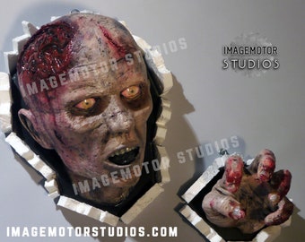 realistic wall bursting walking dead zombie version 2 head and hand set