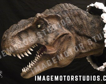 Life-like wall bursting T-Rex Tyrannosaurus bust hanging prop replica