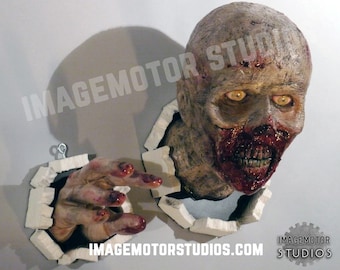 Realistic wall bursting walking dead zombie life size head and hand set prop replica