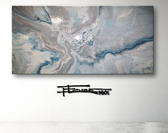 High Gloss Resin Painting, Modern Canvas Wall Art, Colors of Silver and Teal and Ready to Hang