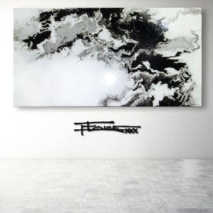 High Gloss Resin Painting, Black White Silver Canvas Wall Art, 60 x 30 Ready to Hang