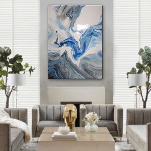 Resin Coated Painting, Modern Canvas Wall Art,  Ready to Hang, Blue and Gray, Limited Edition Giclee